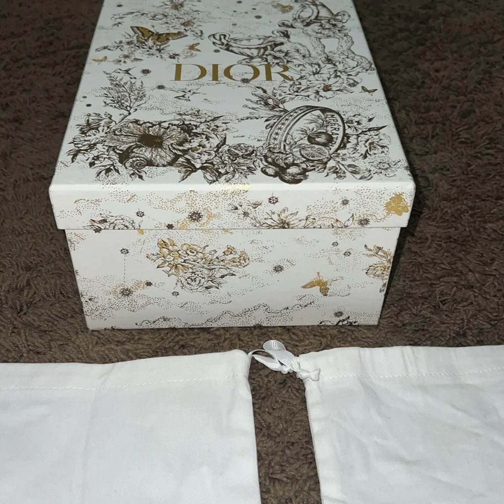 Dior Collectors White & Gold Floral Shoe Box &  Dust Bags